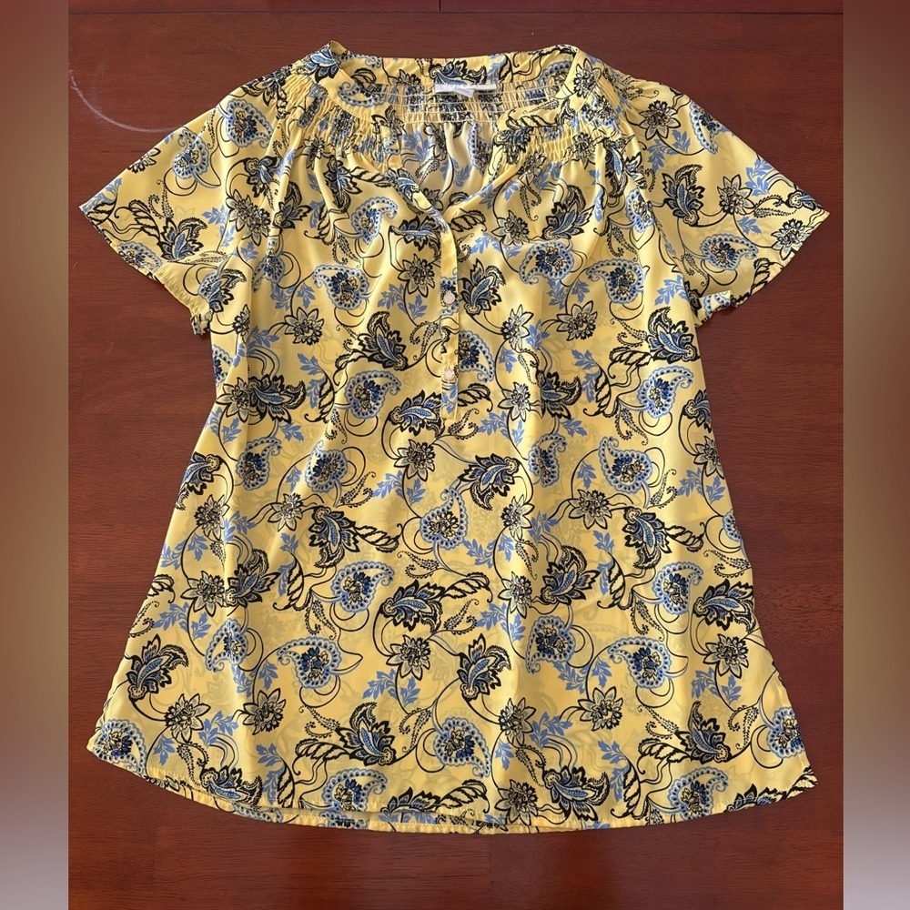 👚 Dana Buchman Paisley Floral Yellow and Blue "Lemon Drop" Top size Medium